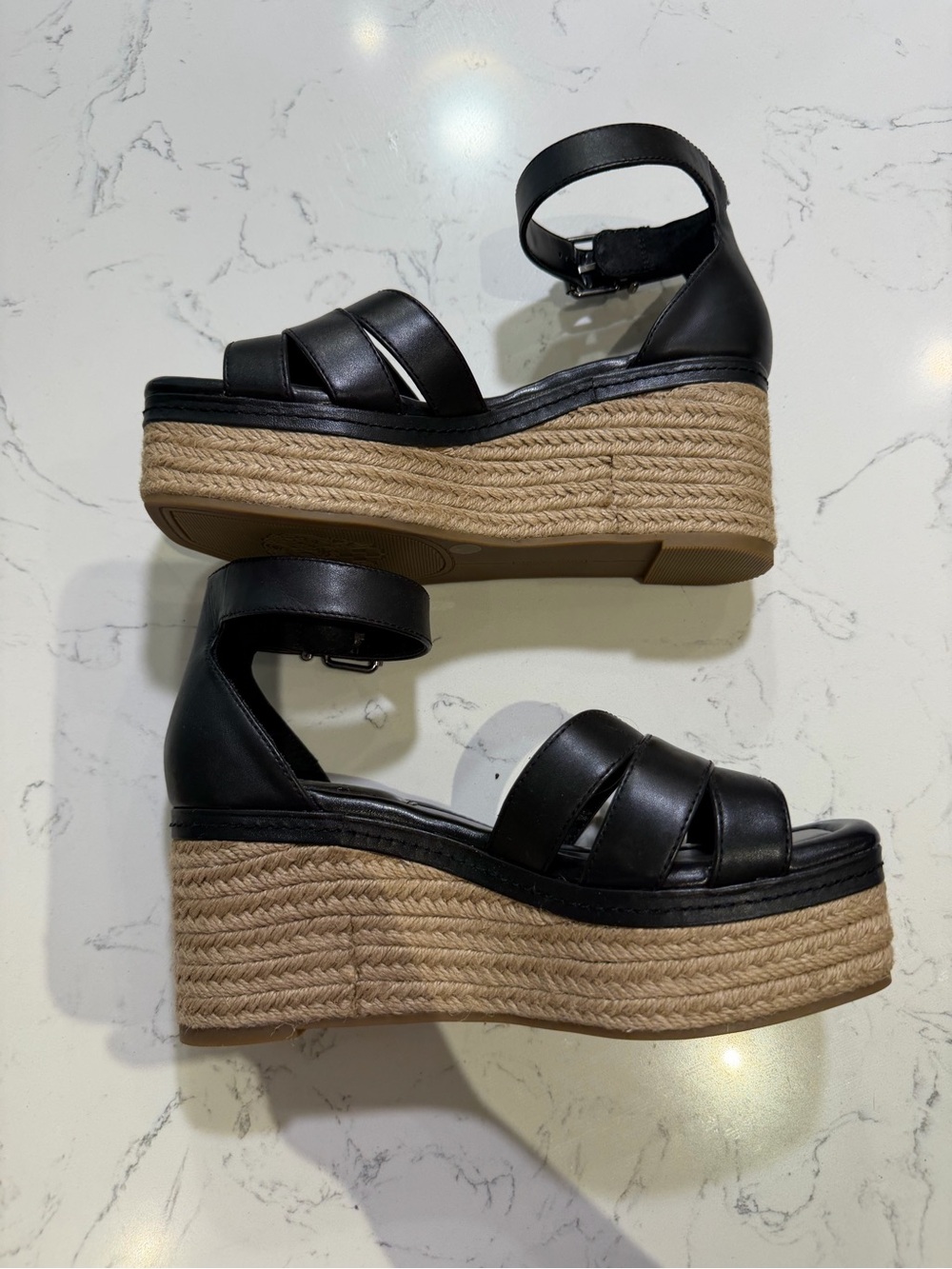 Vince Camuto Black Leather Espadrille Platform Wedges
